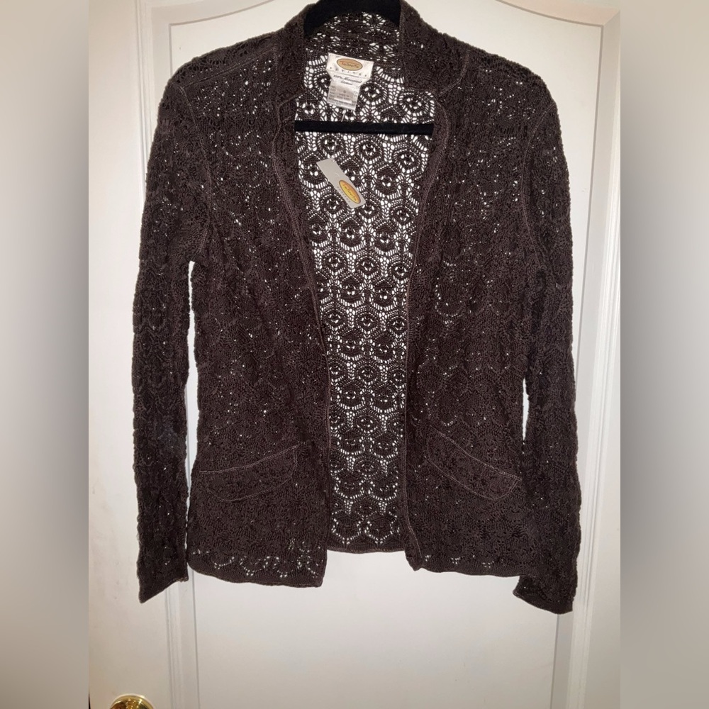 NWT—Talbots 100% Mercerized Cotton Crochet Cardigan/Topper, Black, Petite Small